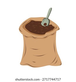Offene Tüte mit Kaffeebohnen mit Schaufel. Handgezeichnete Vektorgrafik einzeln auf Weiß, ideal für Kaffeeverpackungen, Branding, Café-Menüs und Barista-Konzepte.