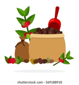 Open bag with coffee beans, coffee shovel and a closed bag of coffee vector flat material design isolated on white