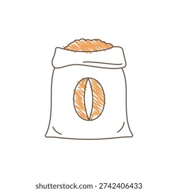 An open bag filled with coffee beans and featuring a stylized coffee bean logo. Simple loose hand drawn sketch with free lines and shading for a natural coffee theme Line art vector illustration