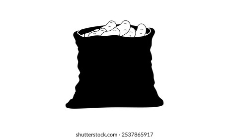 Open bag of fresh farm potatoes, black isolated silhouette