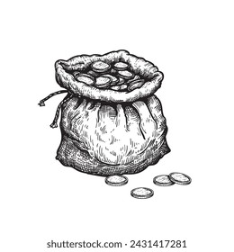 Open bag full of money coins. Hand drawn pen and ink sketch style. Financial, profit symbol. Vector illustration.