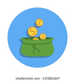 open bag with money colored icon in badge style. One of Banking collection icon can be used for UI, UX