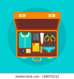 Open bag packing suitcase travel concept background. Flat illustration of open bag packing suitcase travel vector concept background for web design