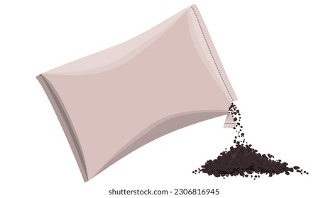 Open bag and pile of soil isolated on white background. Vector clipart.