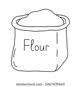 Bolso abierto o saco con harina, ingredientes para hornear, perfil de Vector plano estilo doodle para libro de colorear