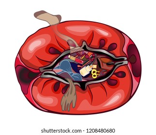 Open bag with women's things. In red. Fashion