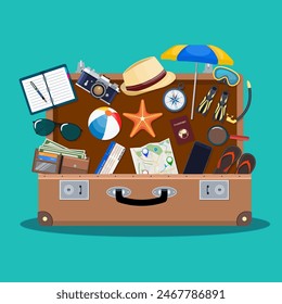 Open baggage, luggage, suitcases with travel icons and objects. photo camera compass, map, scuba mask, flip flops, ball, passport ticket wallet vector illustration in flat design