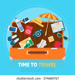 Open baggage, luggage, suitcases with travel icons and objects. Flat style vector illustration.