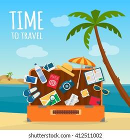 Open baggage, luggage, suitcases with travel icons and objects on tropical background. Flat style vector illustration.