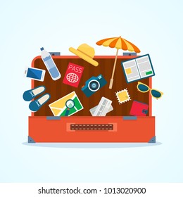 Open baggage with travel icons and objects. Flat style vector illustration.