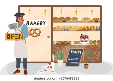 Open bakery shop. Saleswoman changes sign at building. Business owner and entrepreneur. Showcase and shop counter. Fresh organic products. Hand drawn vector illustration