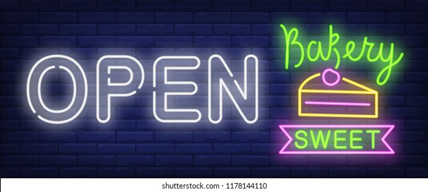 Open bakery sweet neon sign. Peace of cake and ribbon on brick wall background. Vector illustration in neon style for bake shop and announcement
