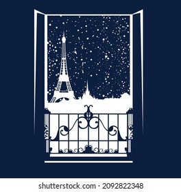 open balcony doors and window view over night Paris city skyline under snowfall - travel to France to celebrate Xmas and new Year vector design