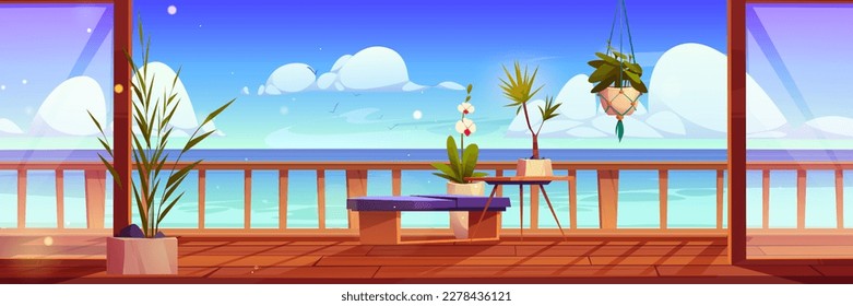 Open balcony glass window with sea view vector background. Door on apartment terrace with bench, flower and blue ocean cartoon seafront landscape. Resort outdoor panorama concept illustration.