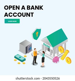 Open a bank account 3d isometric vector illustration concept for banner, website, landing page, ads, flyer