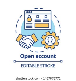 Open bank account concept icon. Savings idea thin line illustration. Striking deal, signing agreement with banking company. Starting partnership. Vector isolated outline drawing. Editable stroke