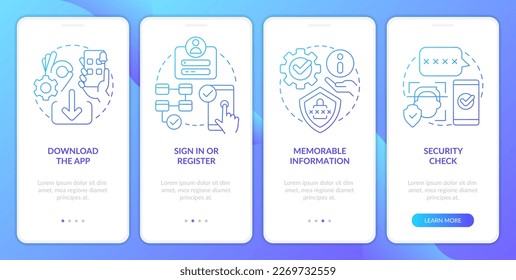 Open bank account online blue gradient onboarding mobile app screen. Walkthrough 4 steps graphic instructions with linear concepts. UI, UX, GUI template. Myriad Pro-Bold, Regular fonts used