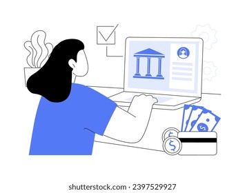 Open bank account online isolated cartoon vector illustrations. Woman open bank account using laptop, business people, financial literacy, mobile banking app, money management vector cartoon.