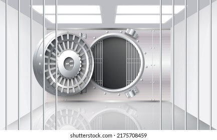 Open bank safe in bunker room vector illustration. Protective metal grilled gate and opened unlocked steel door. Realistic banking hall interior design. Secure finance and treasure storage