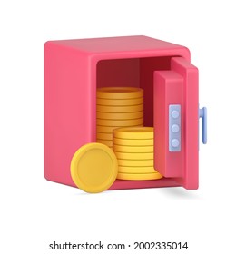Open bank safe with gold coins 3d realistic icon. Pink armored vault with columns of circles made precious metal. Financial growth of deposits and protection money savings. Vector realistic icon - Shutterstock ID 2002335014