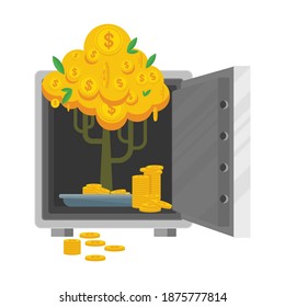 Open bank safe with money tree. Flat vector cartoon illustration on white background. Equipment for the safe storage of money. Protection, guarantee of bank deposits.