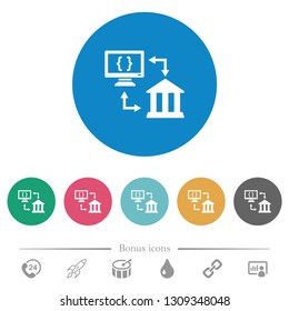 Open banking API flat white icons on round color backgrounds. 6 bonus icons included.