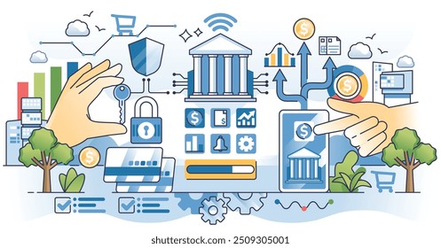 Open banking application for money transfer APIs outline hands concept. App programming interfaces for safe and secured financial data sharing vector illustration. Open source finance software.