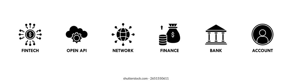 Concepto de Ilustración vectorial de ícono de Web de Anuncio bancario abierto para tecnología financiera con un ícono de fintech, codificación, API abierta, finanzas, banca, red y Cuenta
