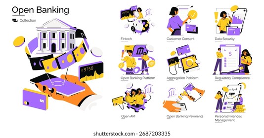 Conceitos bancários abertos ilustrados por meio de ilustrações vetoriais, mostrando elementos como segurança de dados, consentimento do cliente e conformidade normativa. Concentre-se em tecnologia financeira, sistemas de pagamento e APIs.