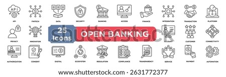 Open Banking icon collection set. Containing api,fintech,data,security,banking,access,finance,integration,transaction,platform icon. Simple line vector.	
