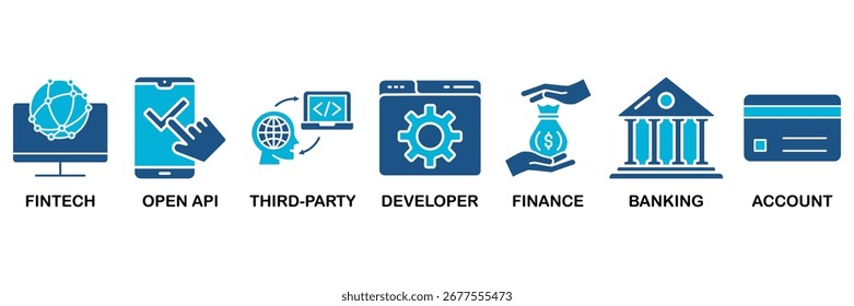 En Blue Monochrome Flat Design, el concepto de Ilustración vectorial se relaciona con el ícono de la tecnología financiera con un ícono de la API abierta de fintech, codificación