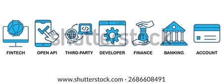 Open banking icon set In Blue Monochrome Flat Design, Vector Illustration concept relate to icon of financial technology with an icon of the fintech, coding, open API, finance, banking