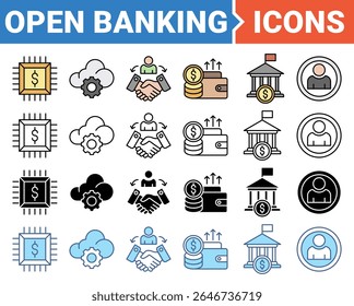 Open banking icon set with multiple style collection.