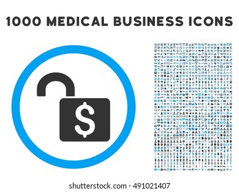 Open Banking Lock icon with 1000 medical business gray and blue vector pictograms. Clipart style is flat bicolor symbols, white background.