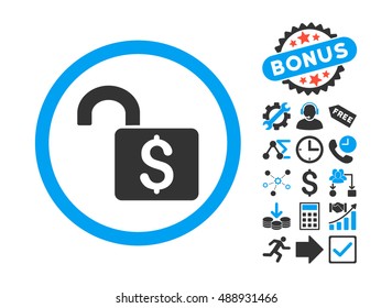 Open Banking Lock icon with bonus icon set. Vector illustration style is flat iconic bicolor symbols, blue and gray colors, white background.