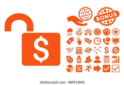 Open Banking Lock icon with bonus elements. Vector illustration style is flat iconic symbols, orange color, white background.