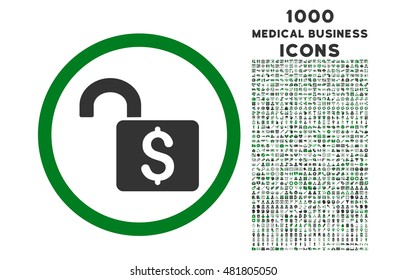 Open Banking Lock rounded vector bicolor icon with 1000 medical business icons. Set style is flat pictograms, green and gray colors, white background.