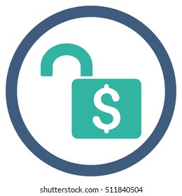 Open Banking Lock vector bicolor rounded icon. Image style is a flat icon symbol inside a circle, cobalt and cyan colors, white background.