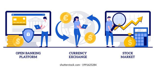 Open banking platform, currency exchange, stock market concept with tiny people. Financial system vector illustration set. Finance digital transformation, stock exchange and economy profit metaphor.