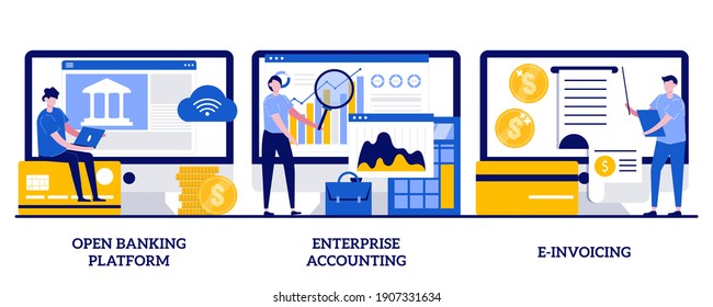 Open banking platform, enterprise accounting, e-invoicing concept with tiny people. IT accounting system abstract vector illustration set. Business financial software, electronic invoice metaphor.