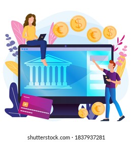 Open banking platform, online banking system, finance digital transformation concept. Vector illustration with people and computer, credit card and money
