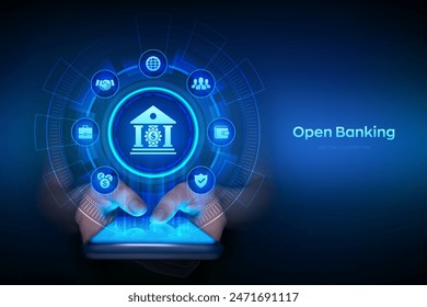 Open banking. Banking service. API financial technology. Fintech concept on virtual screen. Smartphone in hands. Using smartphone. Vector illustration.