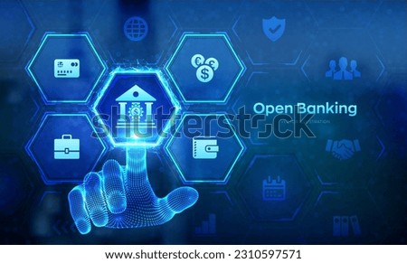 Open banking. Banking service. API financial technology. Fintech business concept on virtual screen. Wireframe hand touching digital interface. Vector illustration.