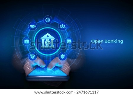 Open banking. Banking service. API financial technology. Fintech concept on virtual screen. Smartphone in hands. Using smartphone. Vector illustration.