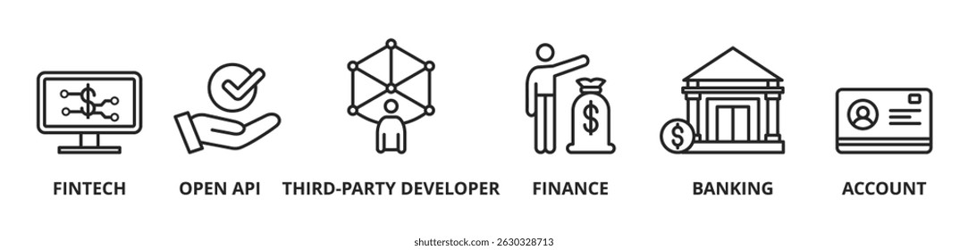Abrir banner de ilustração de vetor bancário com ícones, símbolos e palavras-chave Formatos de vetor