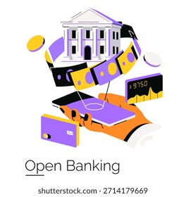 Ilustración vectorial bancaria abierta que muestra las transacciones digitales utilizando un teléfono inteligente con un edificio bancario. El concepto incluye tecnología, finanzas y métodos de pago en línea seguros.