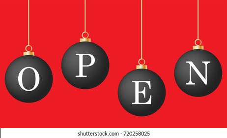Open banner on black glossy Christmas balls isolated on red background. White letters. Black sphere with metal silver chain. Opening hour, sign concept.