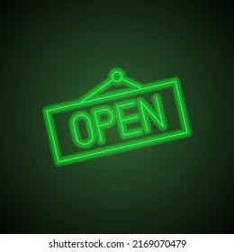 Open banner simple icon, vector. Flat design. Green neon on black background with green light.ai