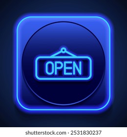 Open banner simple icon vector. Flat design. Blue neon style on button. With shadow.ai