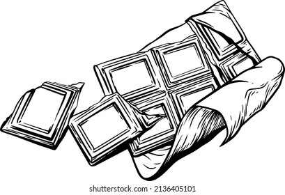 An open bar of chocolate. Linear ink drawing.